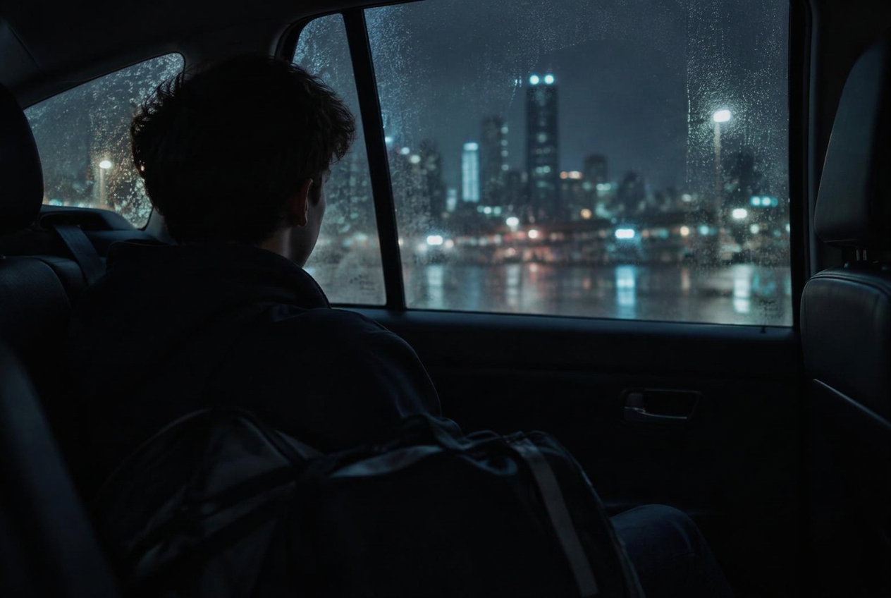 Un jeune sportif de dos, son sac à côté de lui, regarde par la vitre d'une voiture la nuit